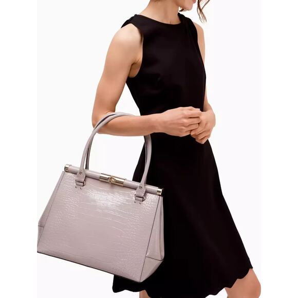 KATE SPADE Knightsbridge Large Gray Croc Emboss Patent Leather CONSTANCE Satchel - Picture 2 of 16